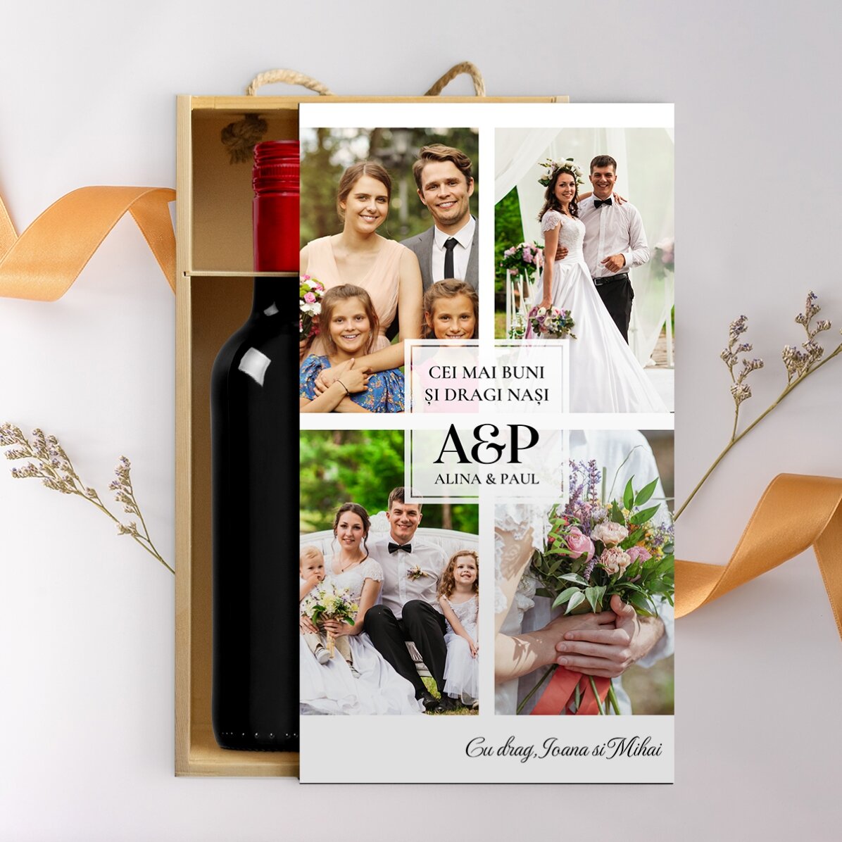 Cutie de vin pentru 2 sticle personalizată cu 4 poze și text - La mulți ani