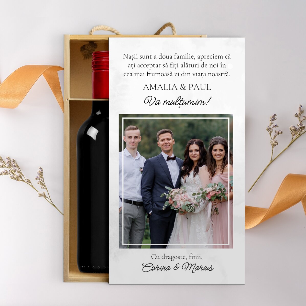 Cutie de vin pentru 2 sticle personalizată cu o poză și mesaj - Cu drag