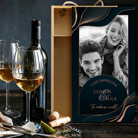 Cutie de vin pentru 2 sticle personalizată cu o poză și text pentru aniversare relație