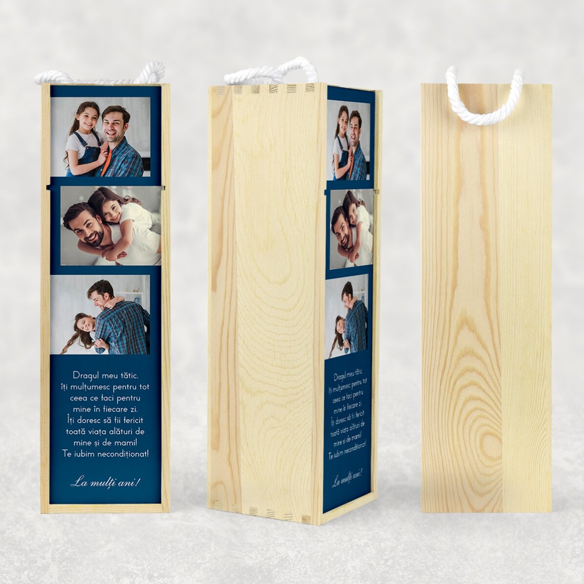 Cutie de vin personalizată cu 3 poze și text pentru cei dragi