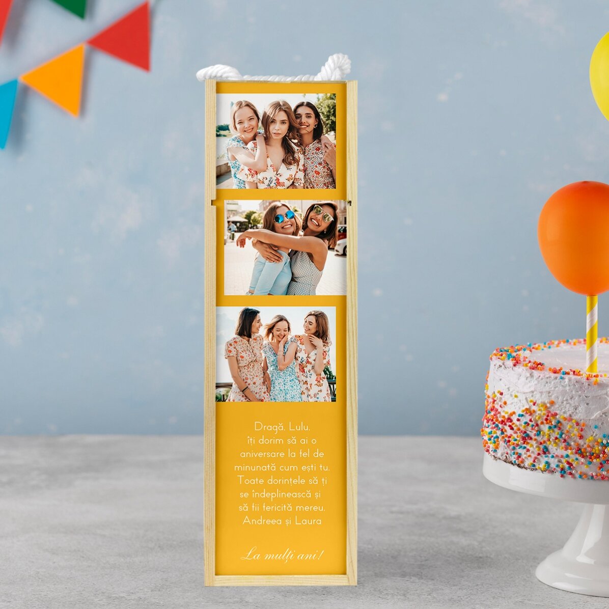 Cutie de vin personalizată cu 3 poze și text pentru cei dragi