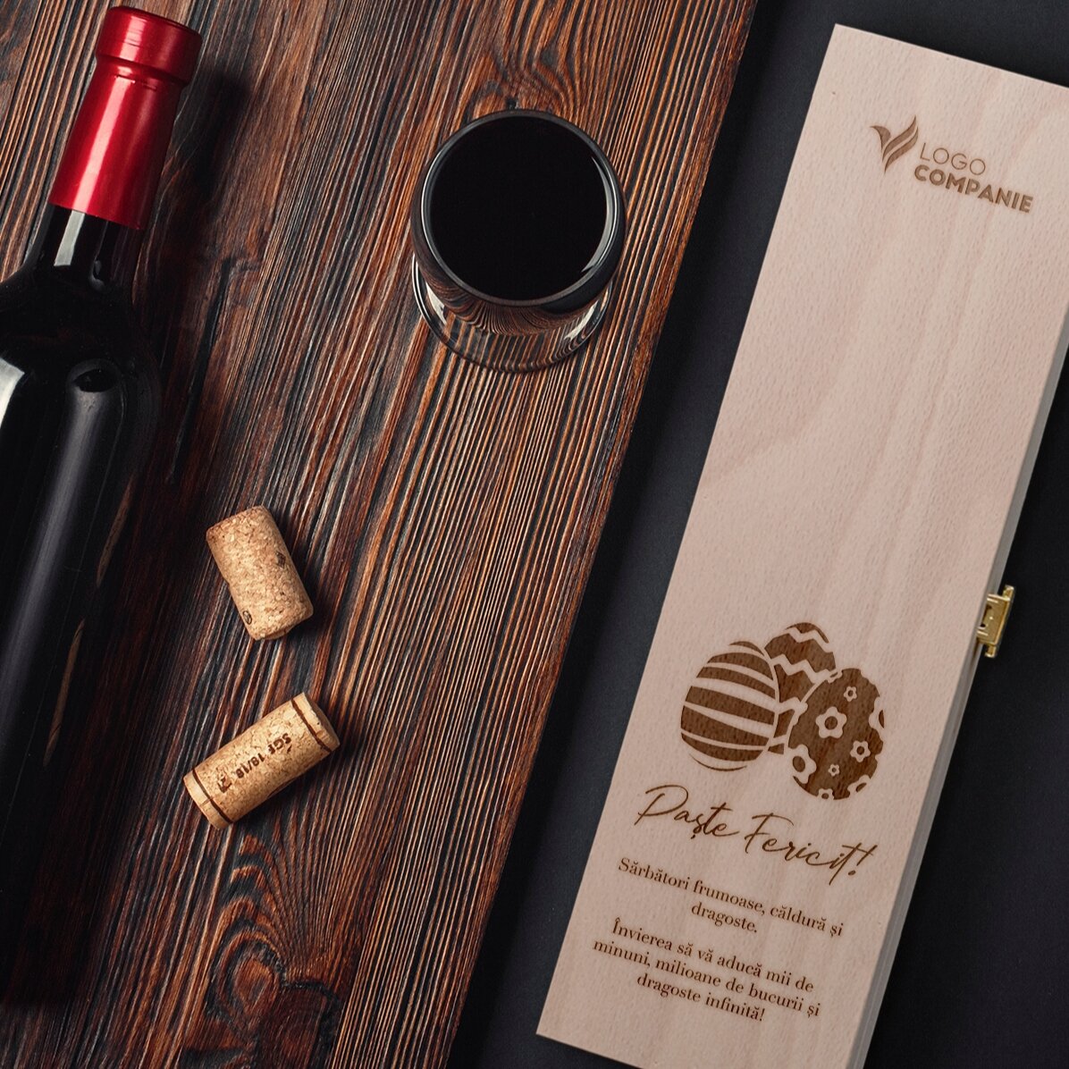 Cutie de vin personalizată cu logo și mesaj pentru Paște