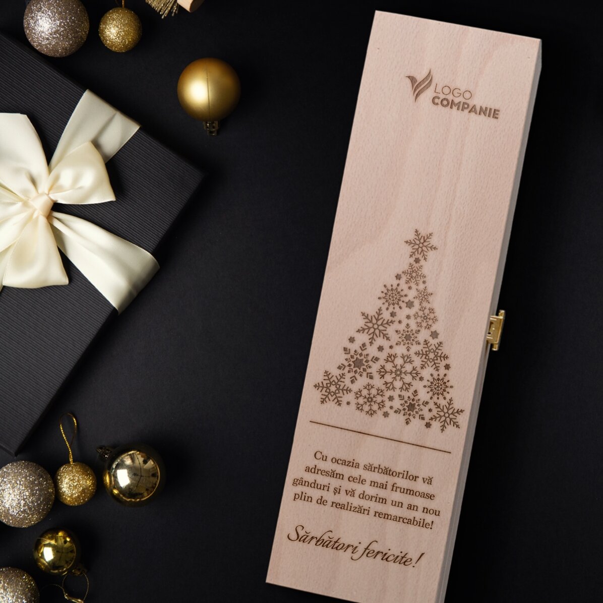 Cutie de vin personalizată cu logo și mesaj - Crăciun fericit!