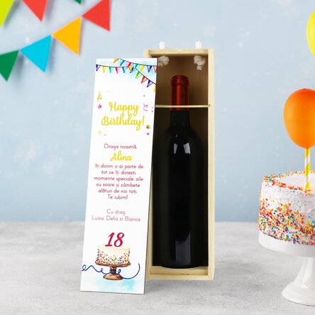 Cutie de vin personalizată cu mesaj pentru majorat