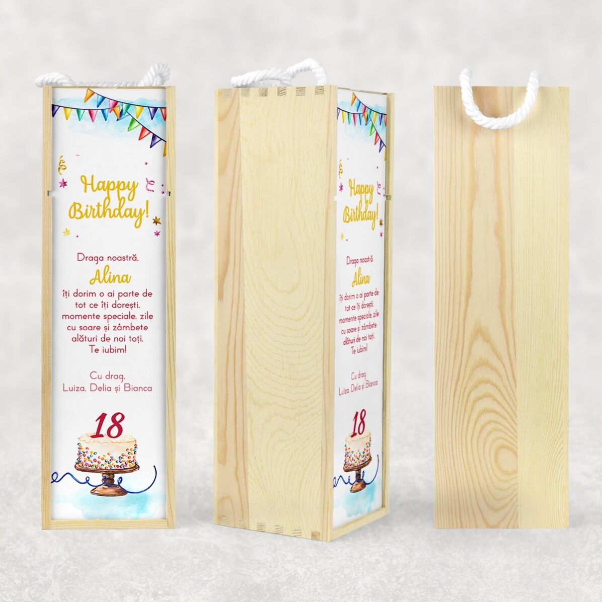 Cutie de vin personalizată cu mesaj pentru majorat