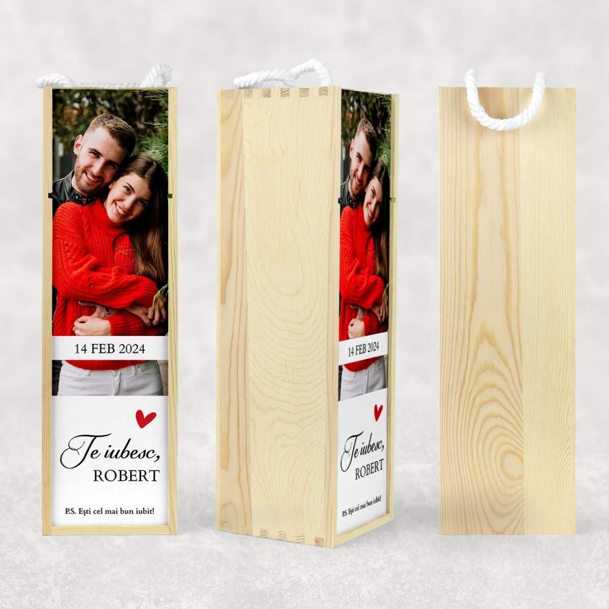 Cutie de vin personalizată cu o poză și text - Te iubesc
