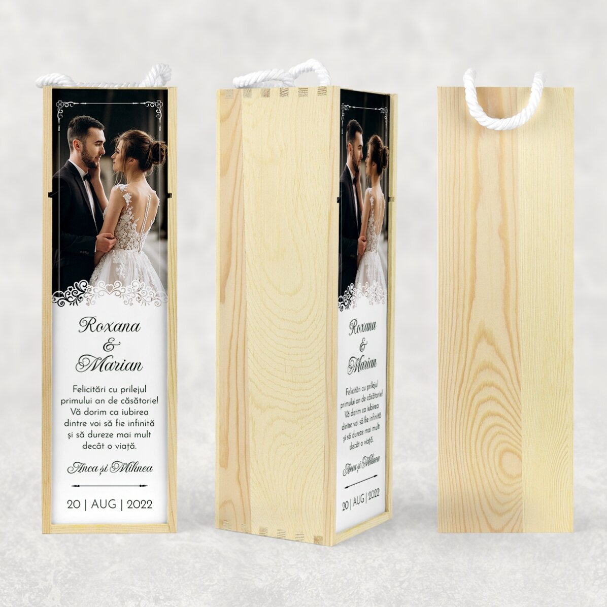 Cutie de vin personalizată cu poză și text - Aniversare căsătorie