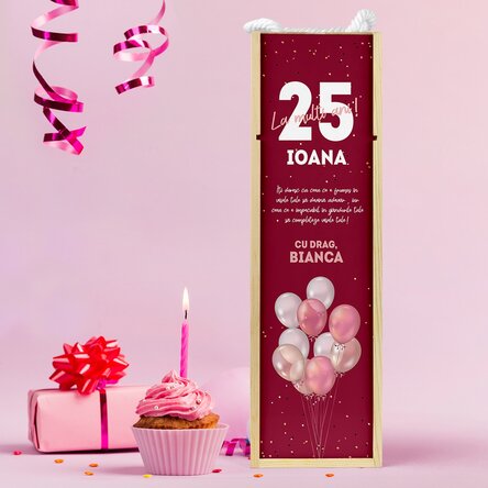 Cutie de vin personalizată cu text pentru zi de naștere - Baloane