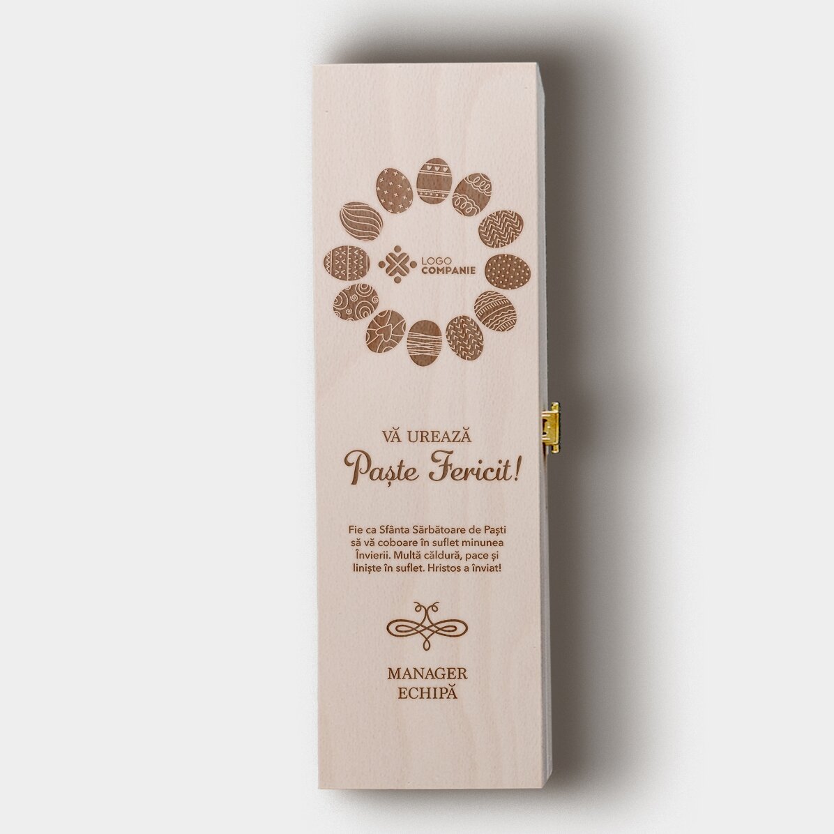 Cutie de vin personalizată cu text și logo - Eggcellent Easter