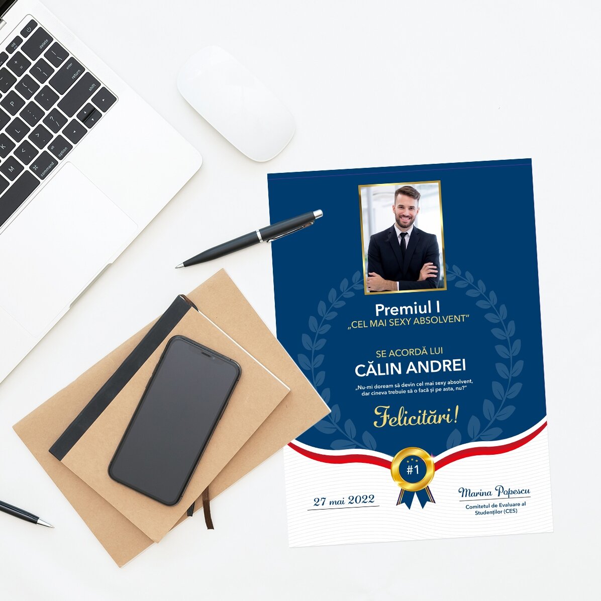 Diplomă personalizată cu poză și text - Cel mai bun absolvent