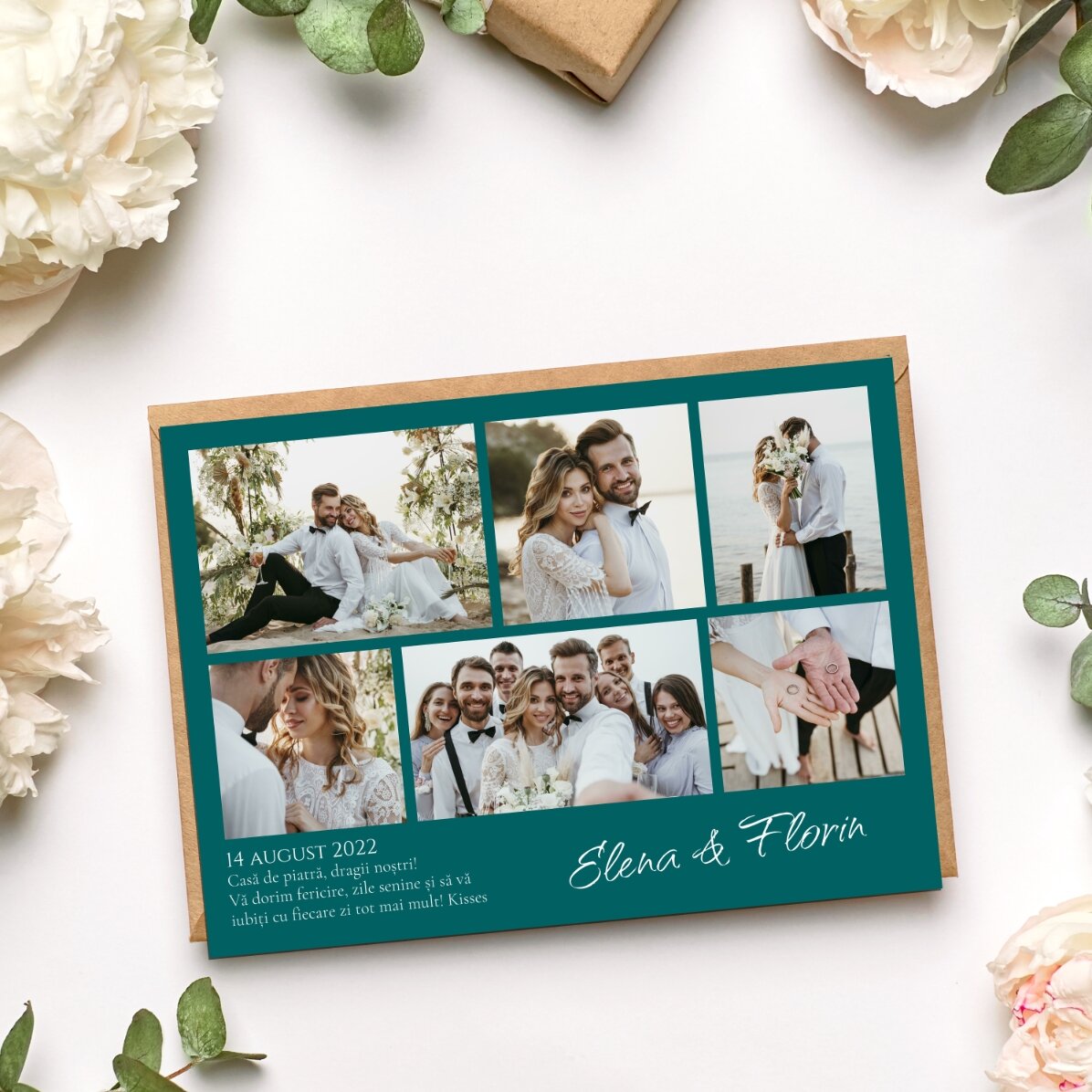 Felicitare magnetică personalizată cu 6 poze și fundal colorat