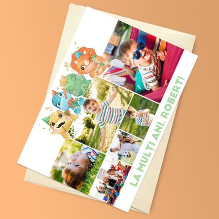 Felicitare magnetică personalizată cu 6 poze și text - Dinozauri