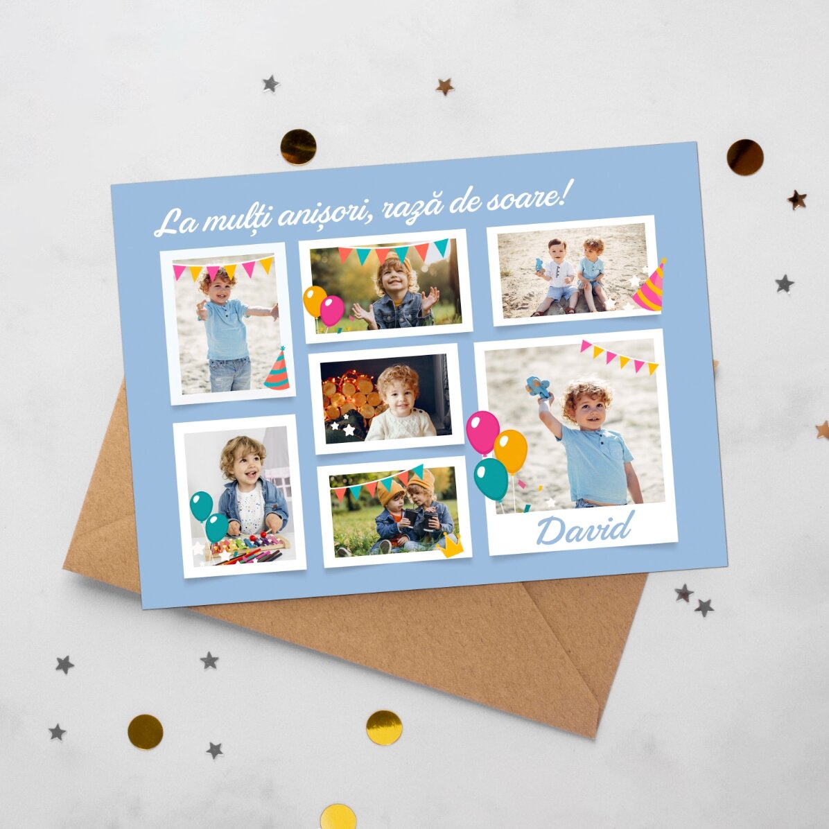 Felicitare magnetică personalizată cu 7 poze și mesaj  pentru copii