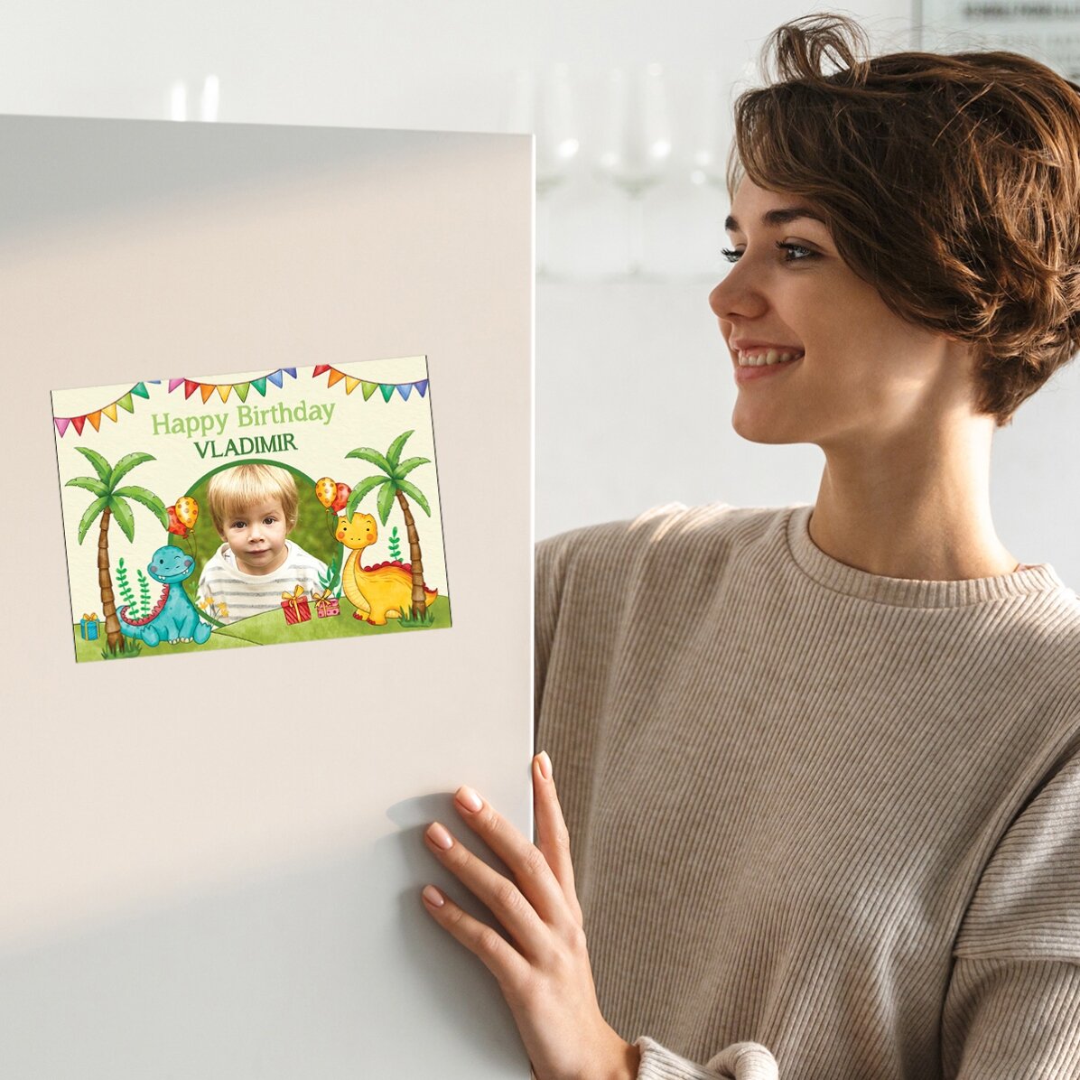Felicitare magnetică personalizată cu o poză și mesaj pentru copii - Dinozauri