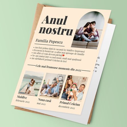 Felicitare personalizată cu 4 poze de familie și text - Anul nostru în imagini