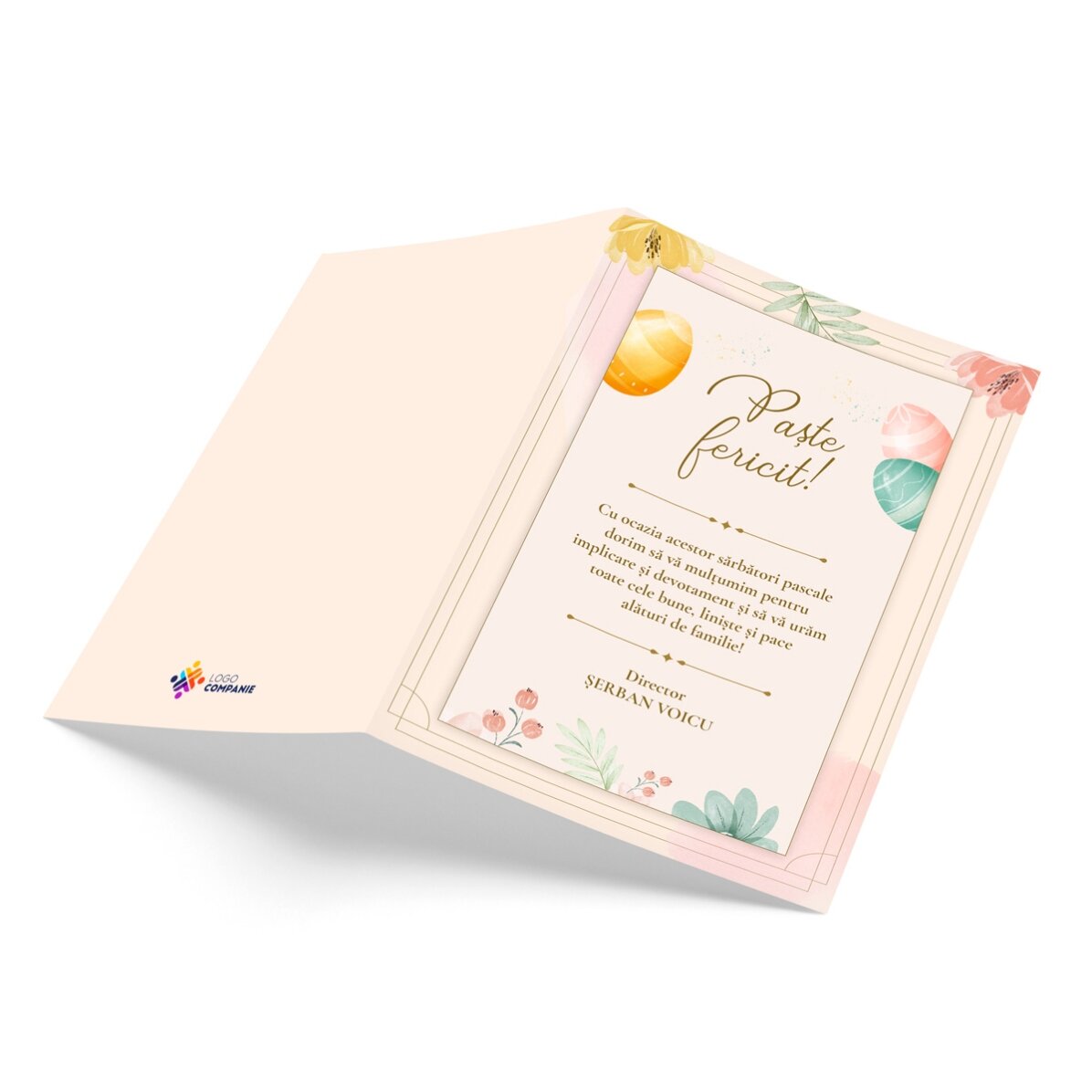 Felicitare personalizată cu logo și mesaj de Paște