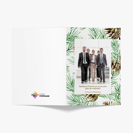 Felicitare personalizată față verso cu text, poză și logo - Conuri de brad