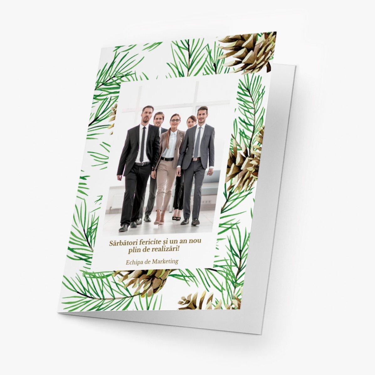 Felicitare personalizată față verso cu text, poză și logo - Conuri de brad