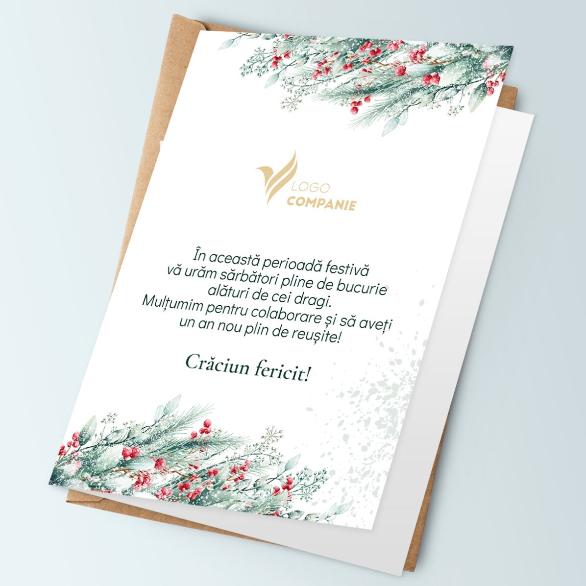 Felicitare personalizată față verso cu text și logo - Crăciun Fericit!