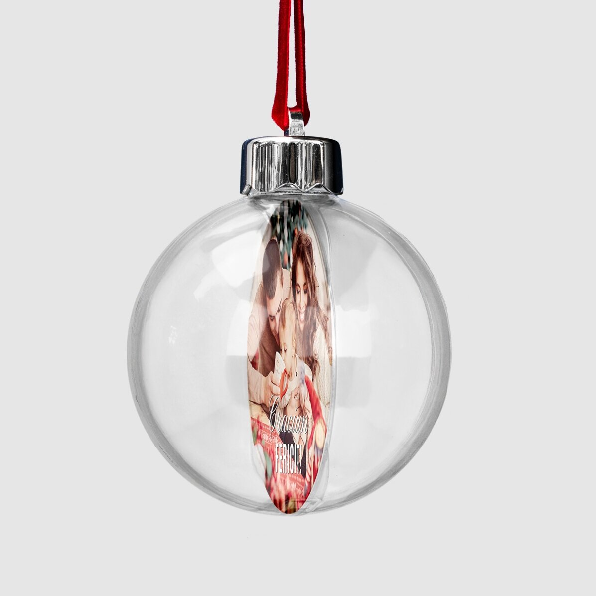 Glob transparent personalizat față-verso cu două fotografii și text