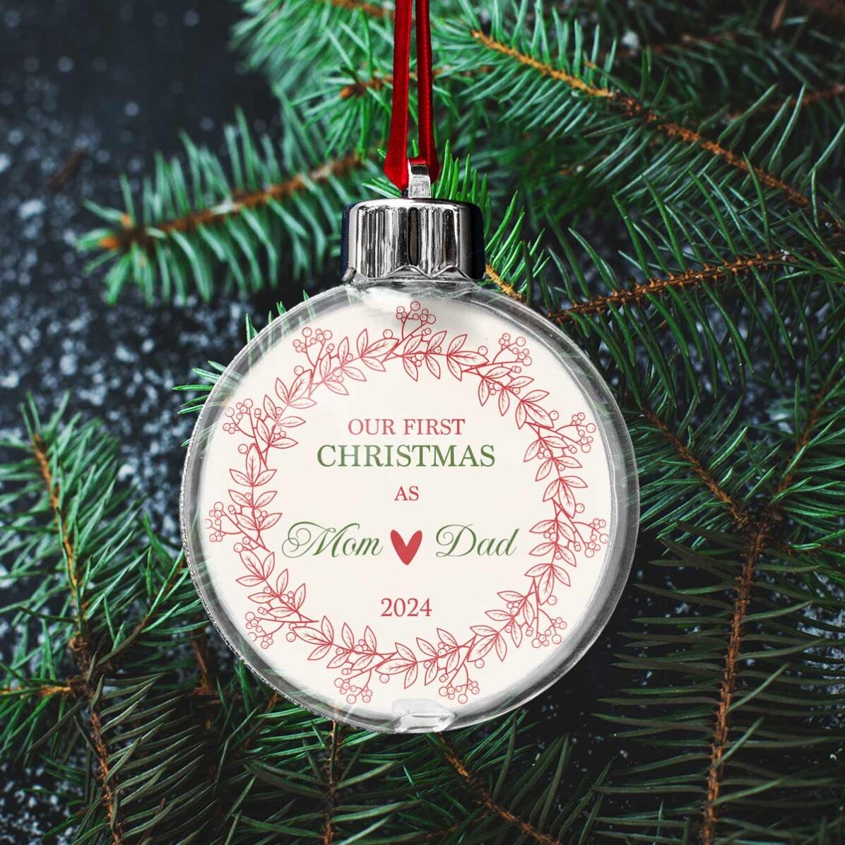 Glob transparent personalizat față-verso cu o poză și mesaj - Our first christmas as 