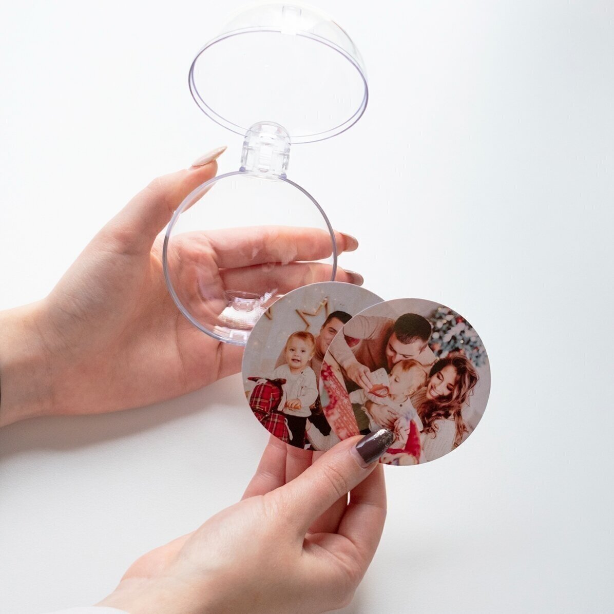 Glob transparent personalizat față-verso cu o poză și mesaj - Primul Crăciun blănos