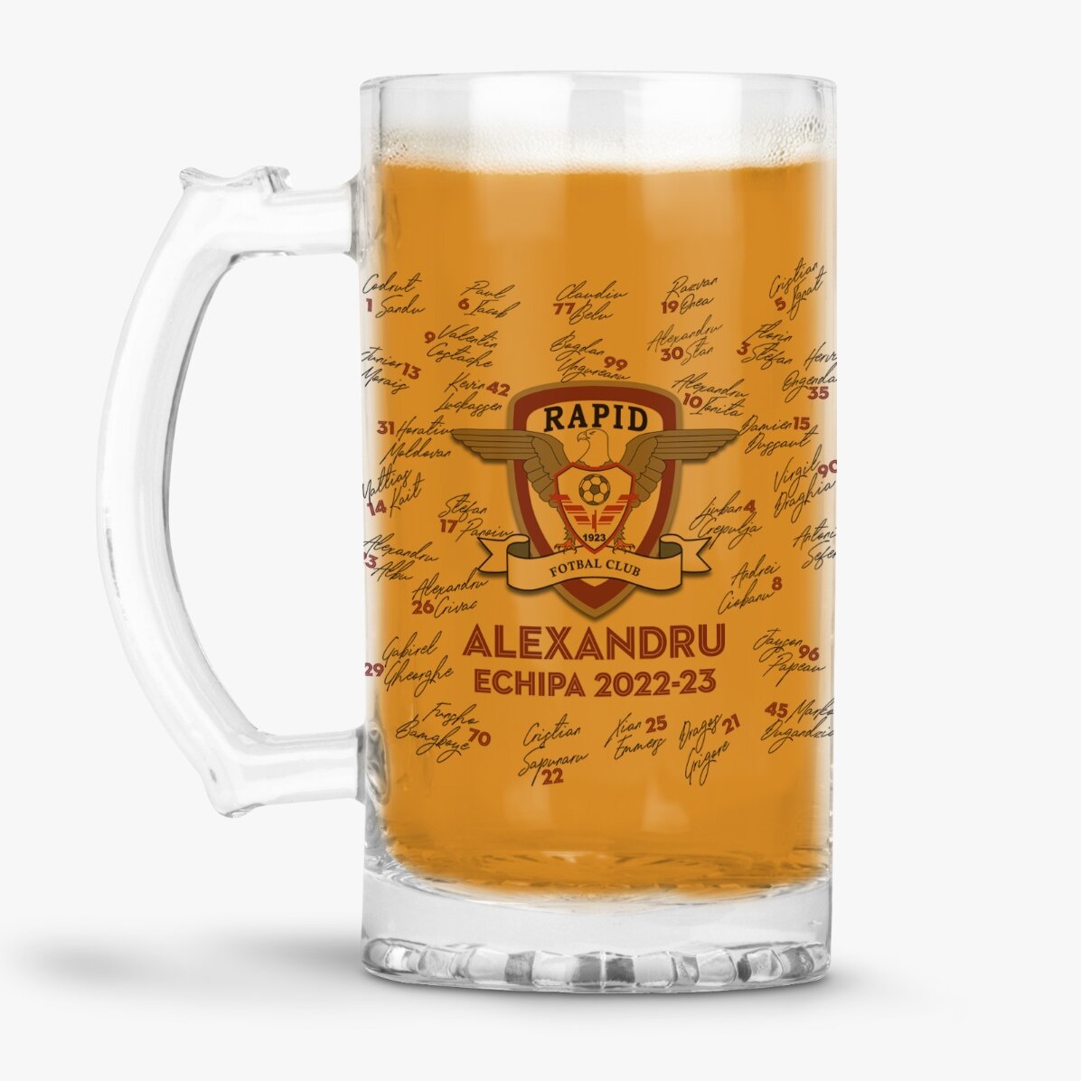 Halbă de bere FC Rapid personalizată cu text - Echipa 2022-23