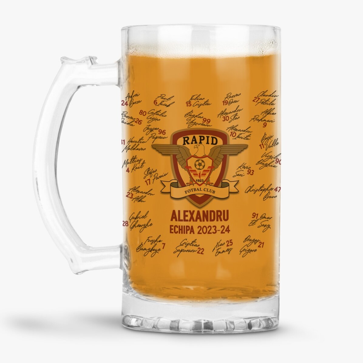 Halbă de bere FC Rapid personalizată cu text - Echipa 2023-24