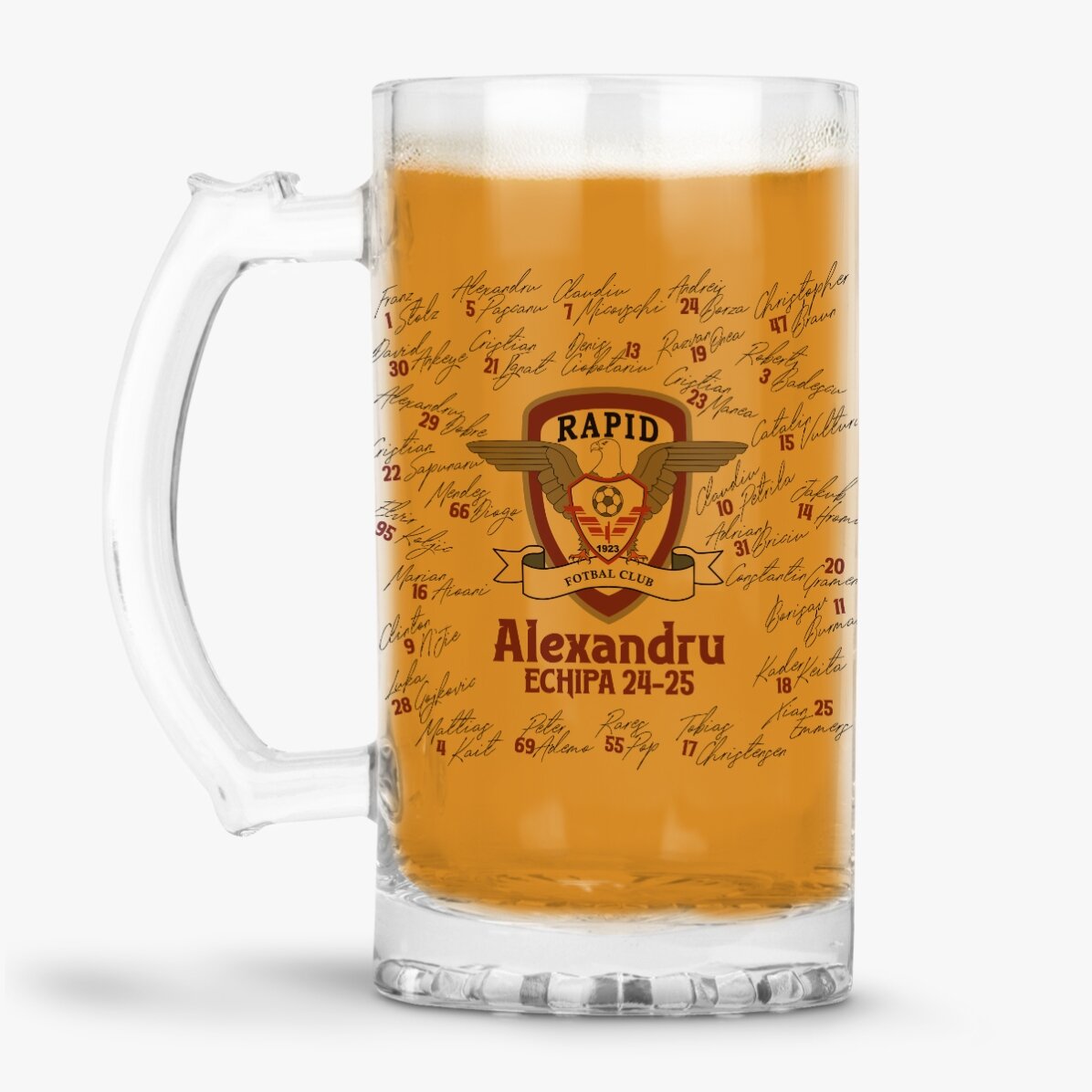 Halbă de bere FC Rapid personalizată cu text - Echipa 24-25