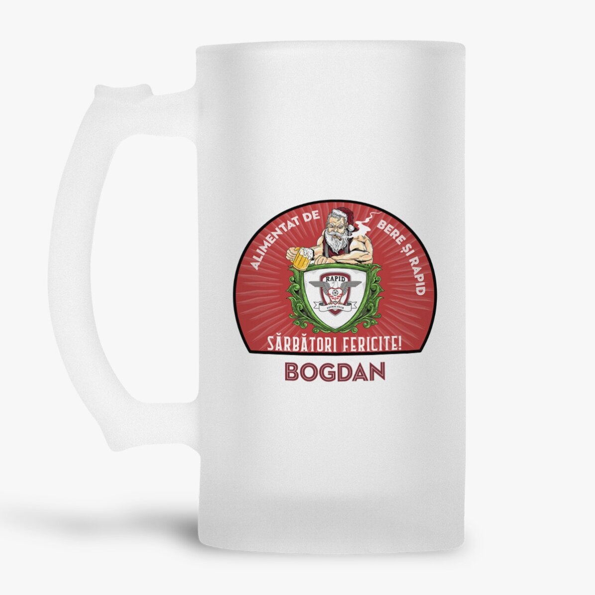 Halbă de bere FC Rapid personalizată cu text - Ediție de Crăciun
