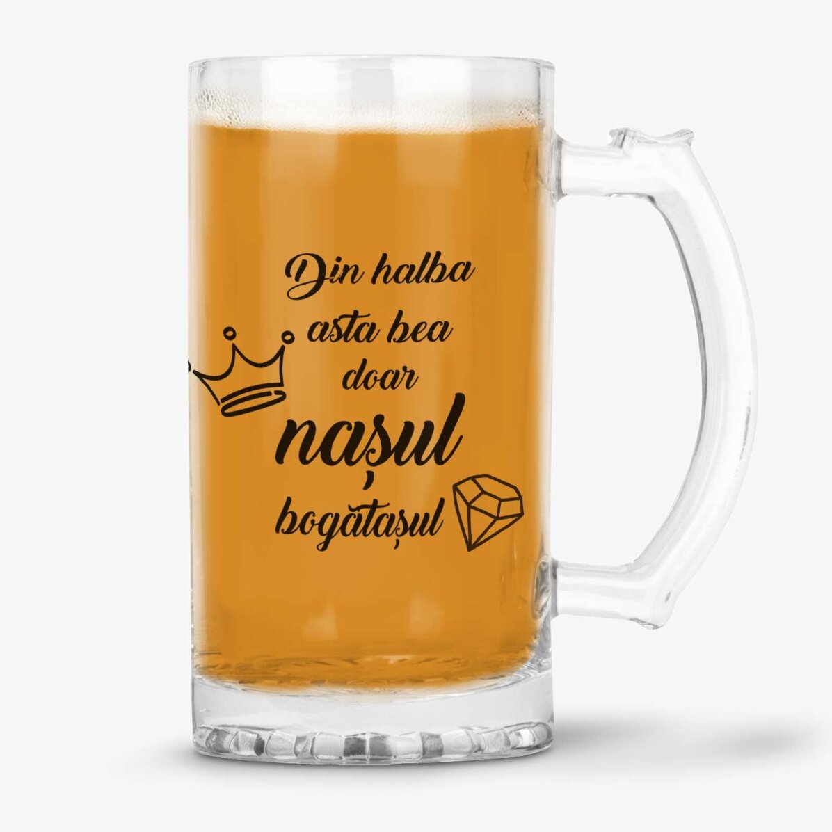 Halbă de bere personalizată cu mesaj pentru naș