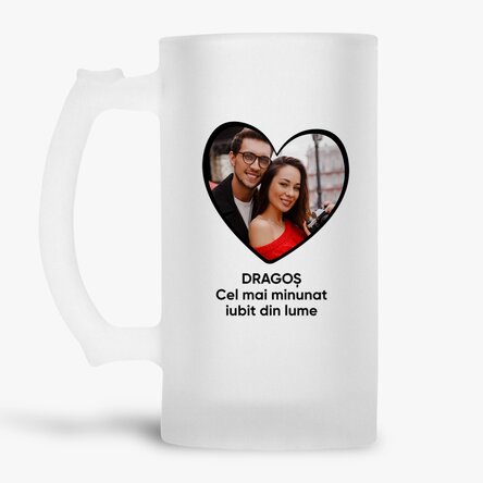 Halbă de bere personalizată cu o poză în formă de inimă și mesaj