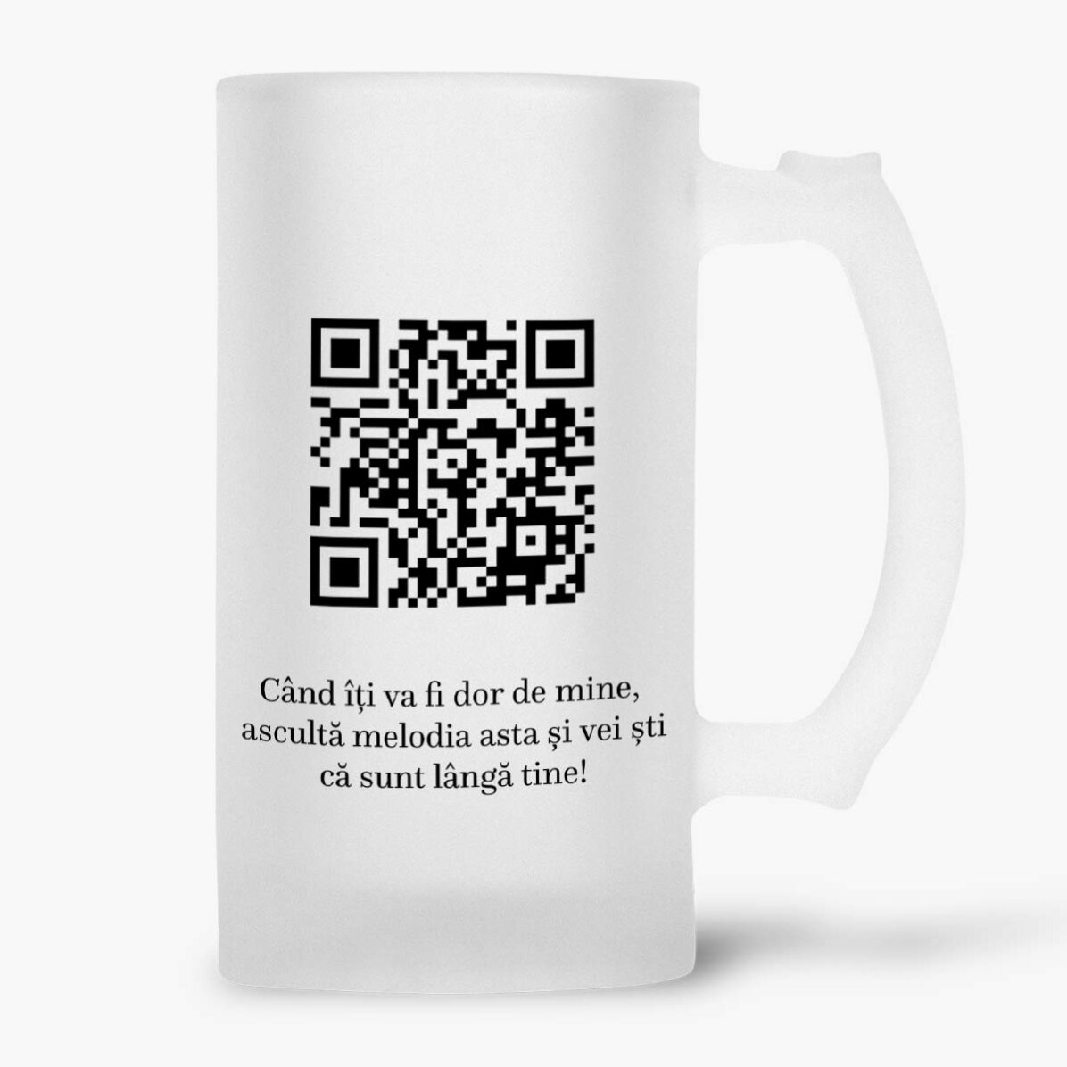 Halbă de bere personalizată cu o poză, mesaj și cod QR