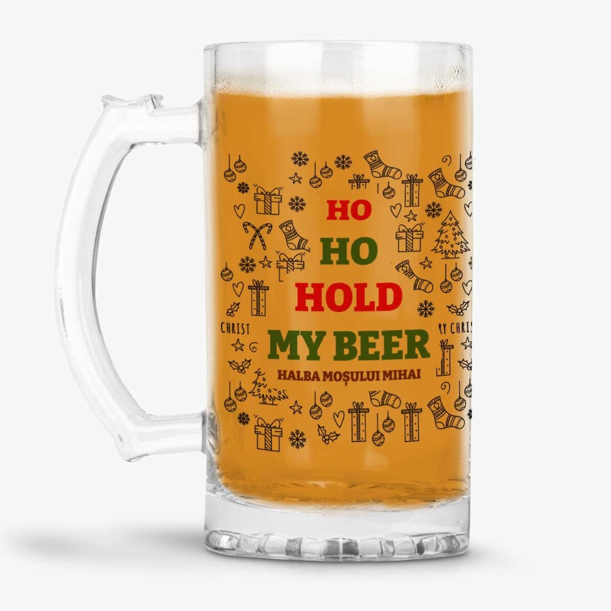 Halbă de bere personalizată cu text de Crăciun - Ho Ho Hold My Beer