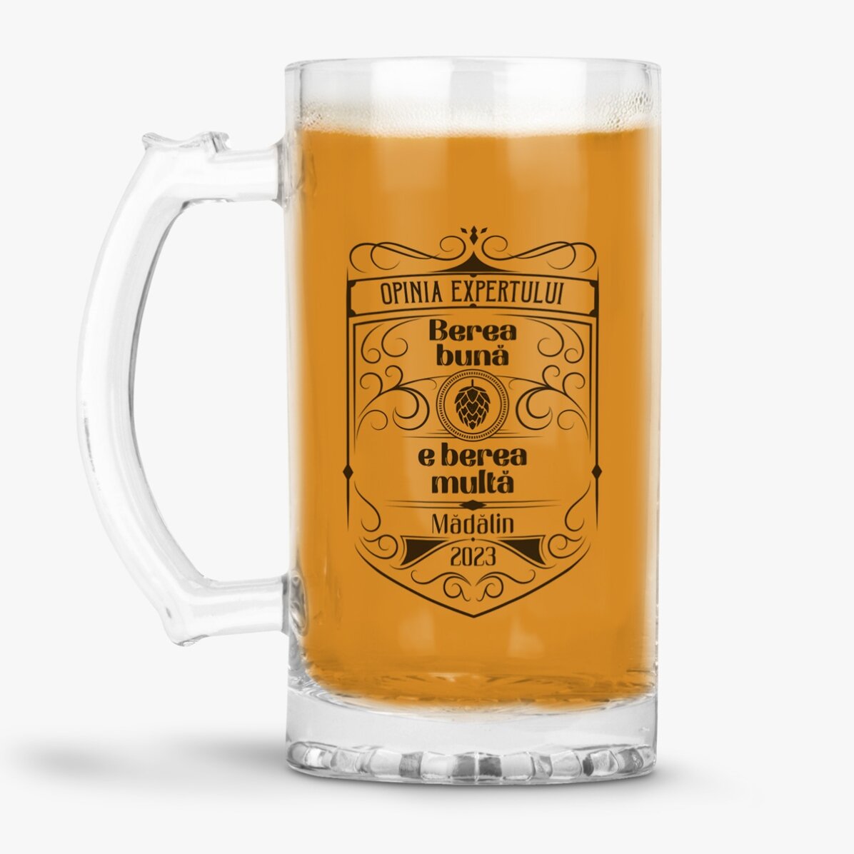 Halbă de bere personalizată cu text - Opinia expertului