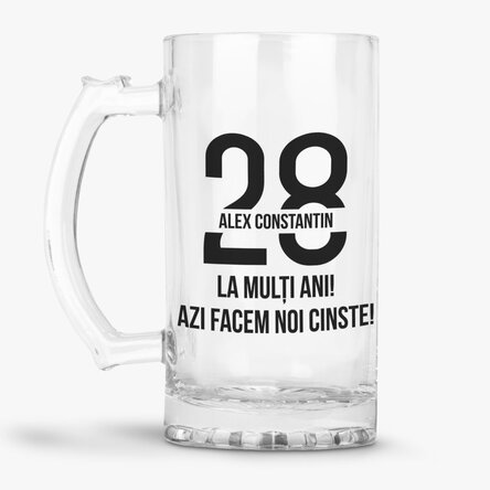 Halbă de bere personalizată cu text pentru aniversare