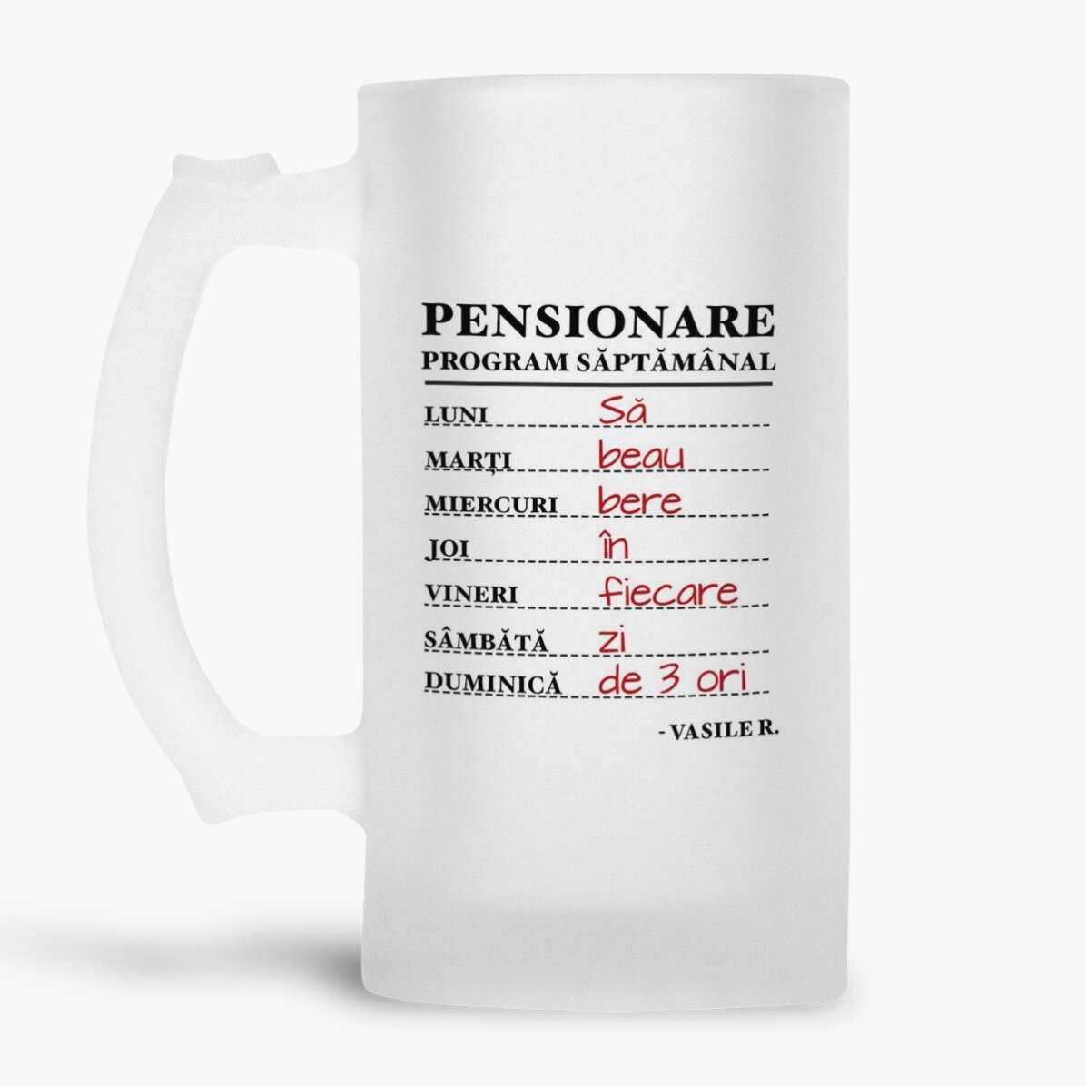 Halbă de bere personalizată cu text pentru pensionare