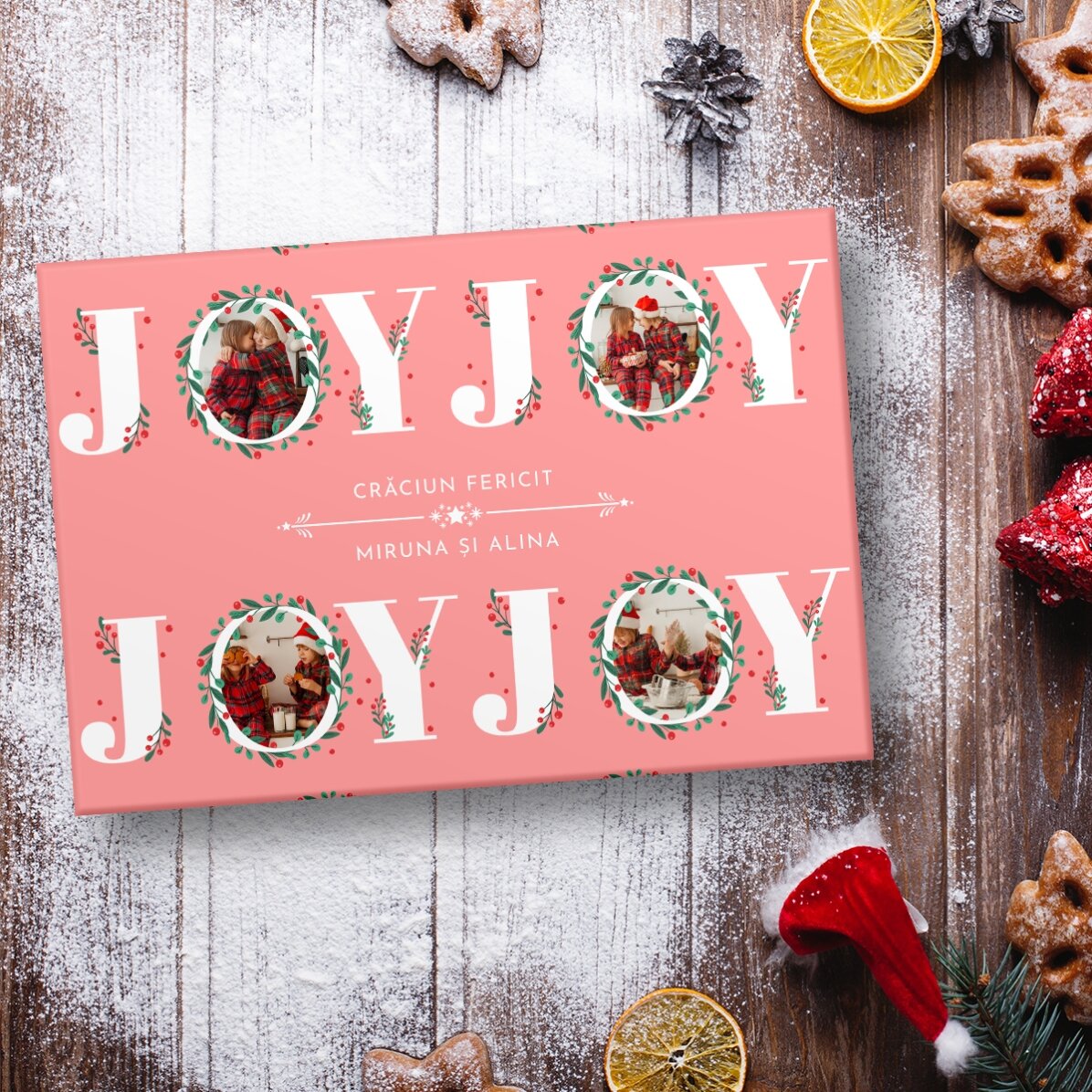 Hârtie de împachetat cadouri personalizată cu 12 poze și text - Joy