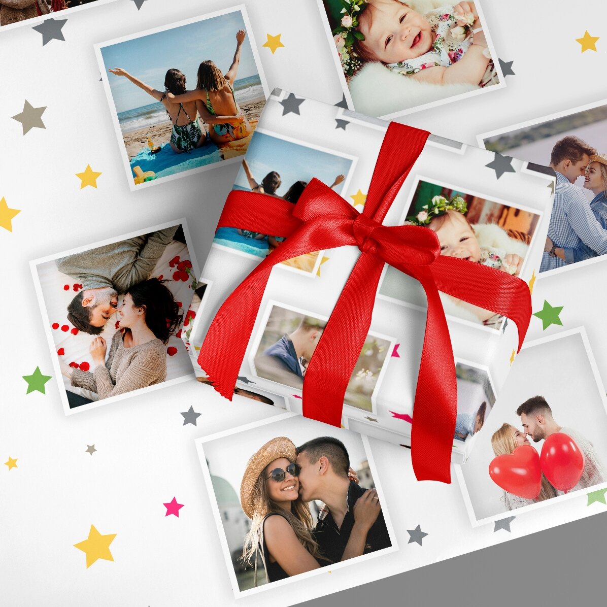 Hârtie de împachetat cadouri personalizată cu 13 poze, fundal steluțe colorate