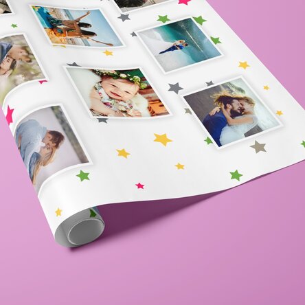 Hârtie de împachetat cadouri personalizată cu 13 poze, fundal steluțe colorate