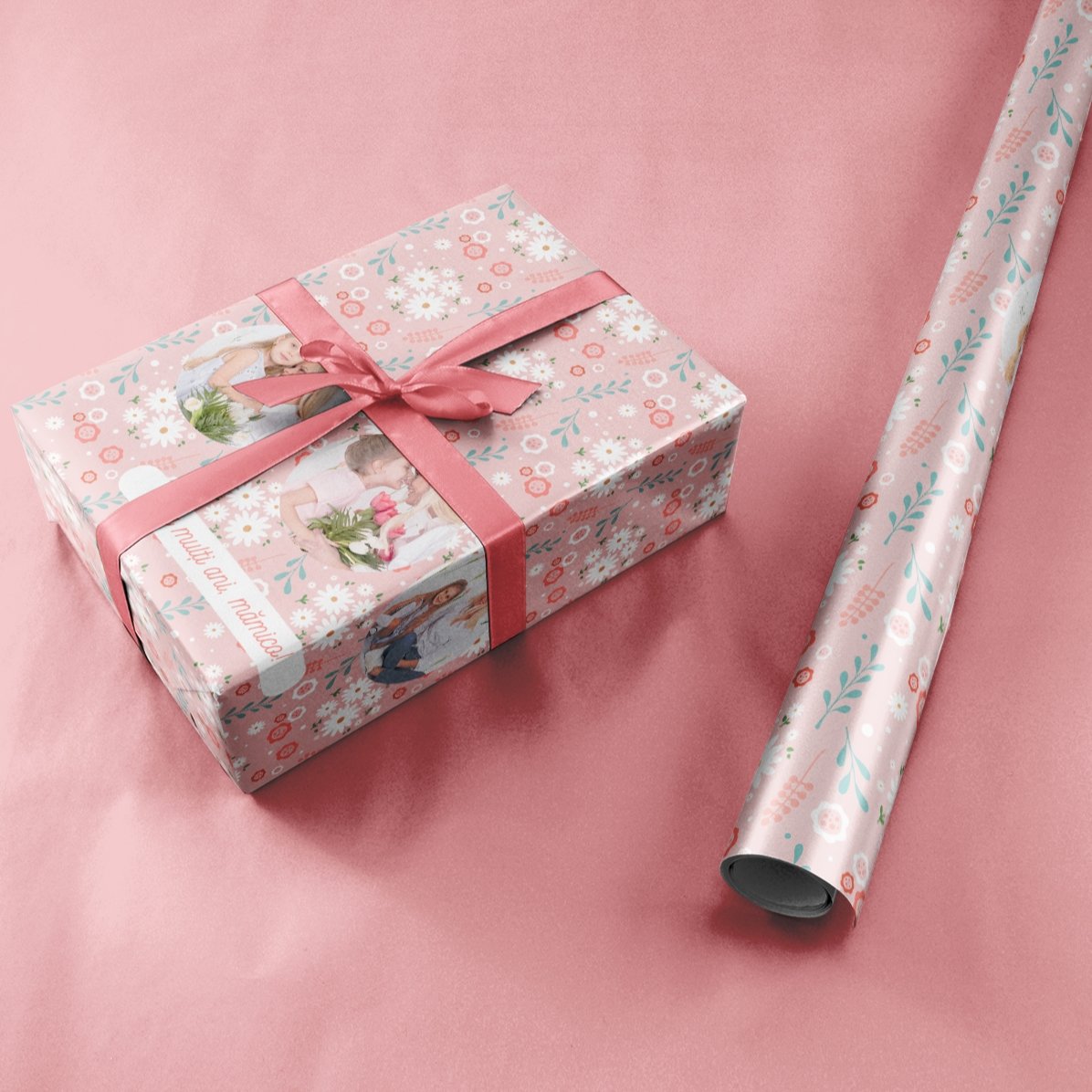 Hârtie de împachetat cadouri personalizată cu 3 poze și text - Flori de primăvară