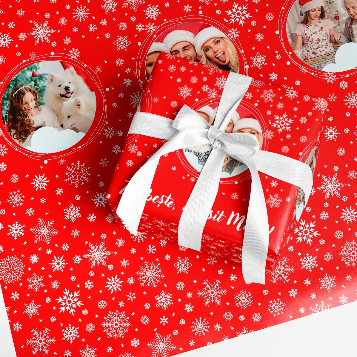Hârtie de împachetat cadouri personalizată cu 3 poze și text - Fulgi 