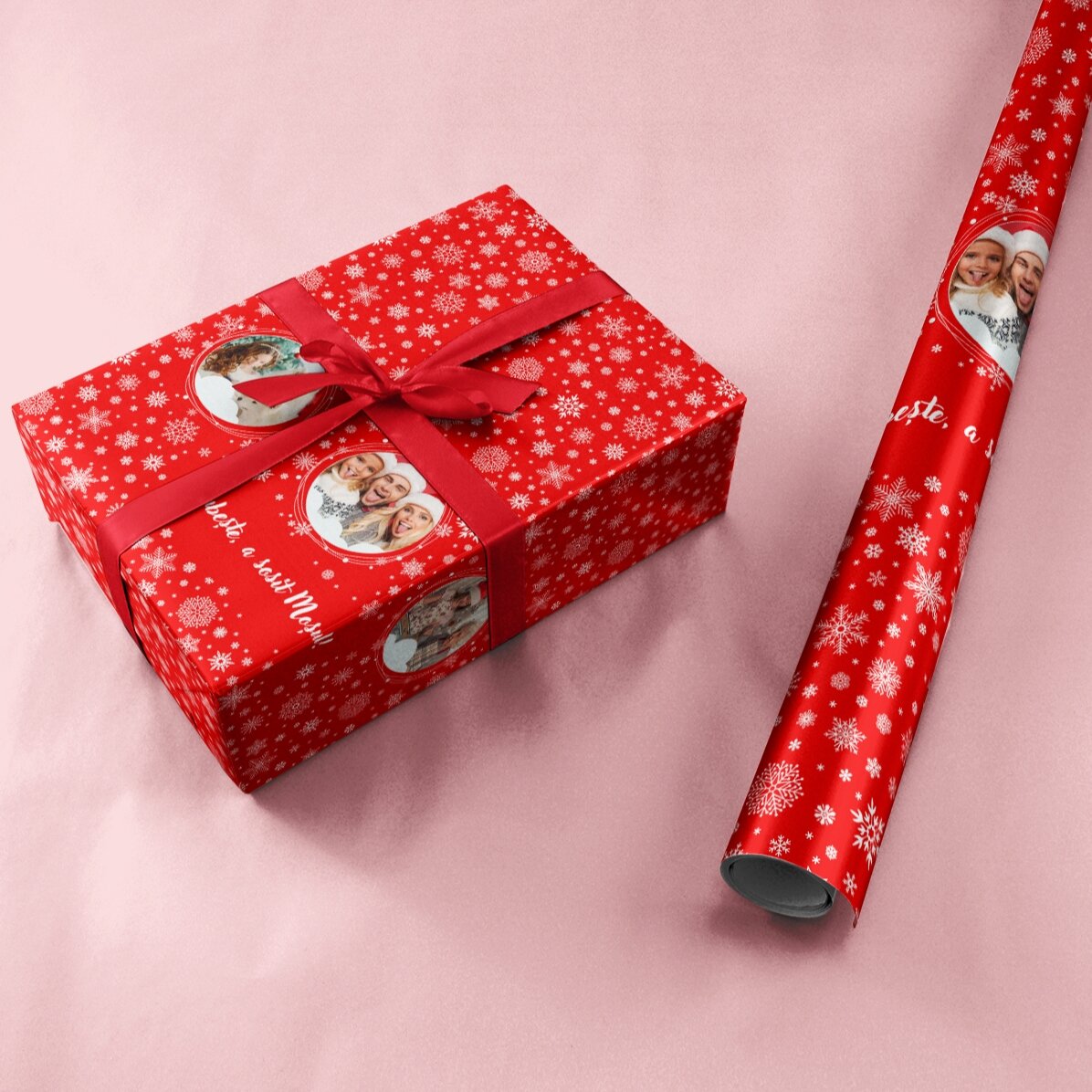 Hârtie de împachetat cadouri personalizată cu 3 poze și text - Fulgi 