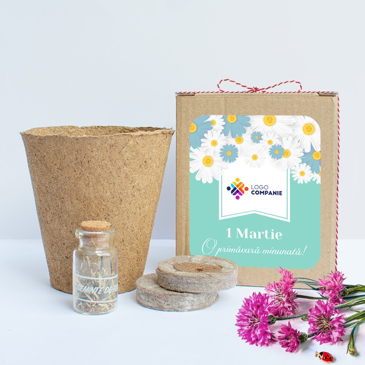 Kit de plantat flori de primăvară în cutiuță personalizată cu logo și mesaj - Floral