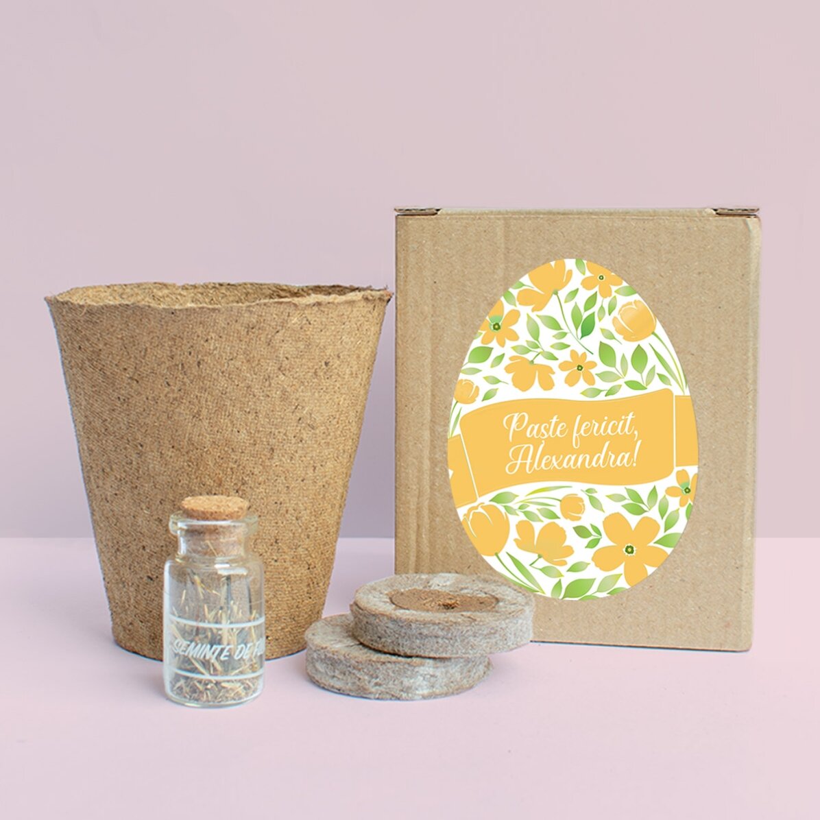 Kit de plantat flori în cutiuță personalizată cu text - Paște fericit!