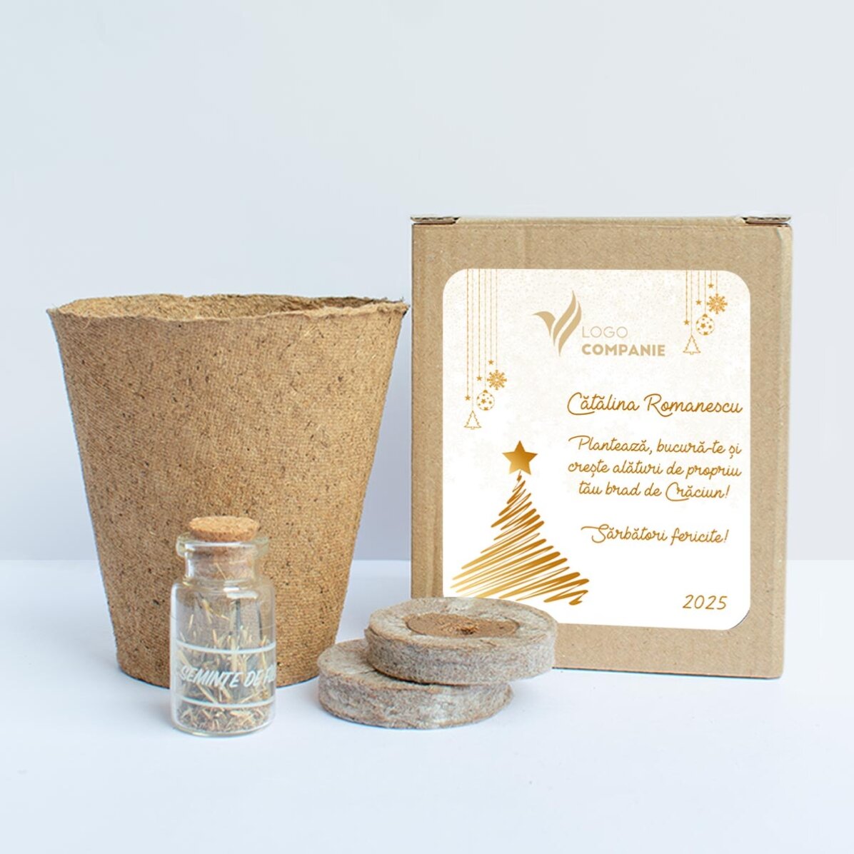 Kit de plantat semințe de brad în cutiuță personalizată cu logo și mesaj - Gold