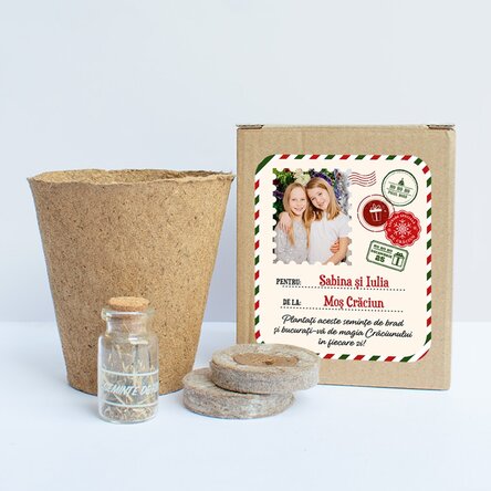 Kit de plantat semințe de brad în cutiuță personalizată cu poză și mesaj - De la Moș Crăciun