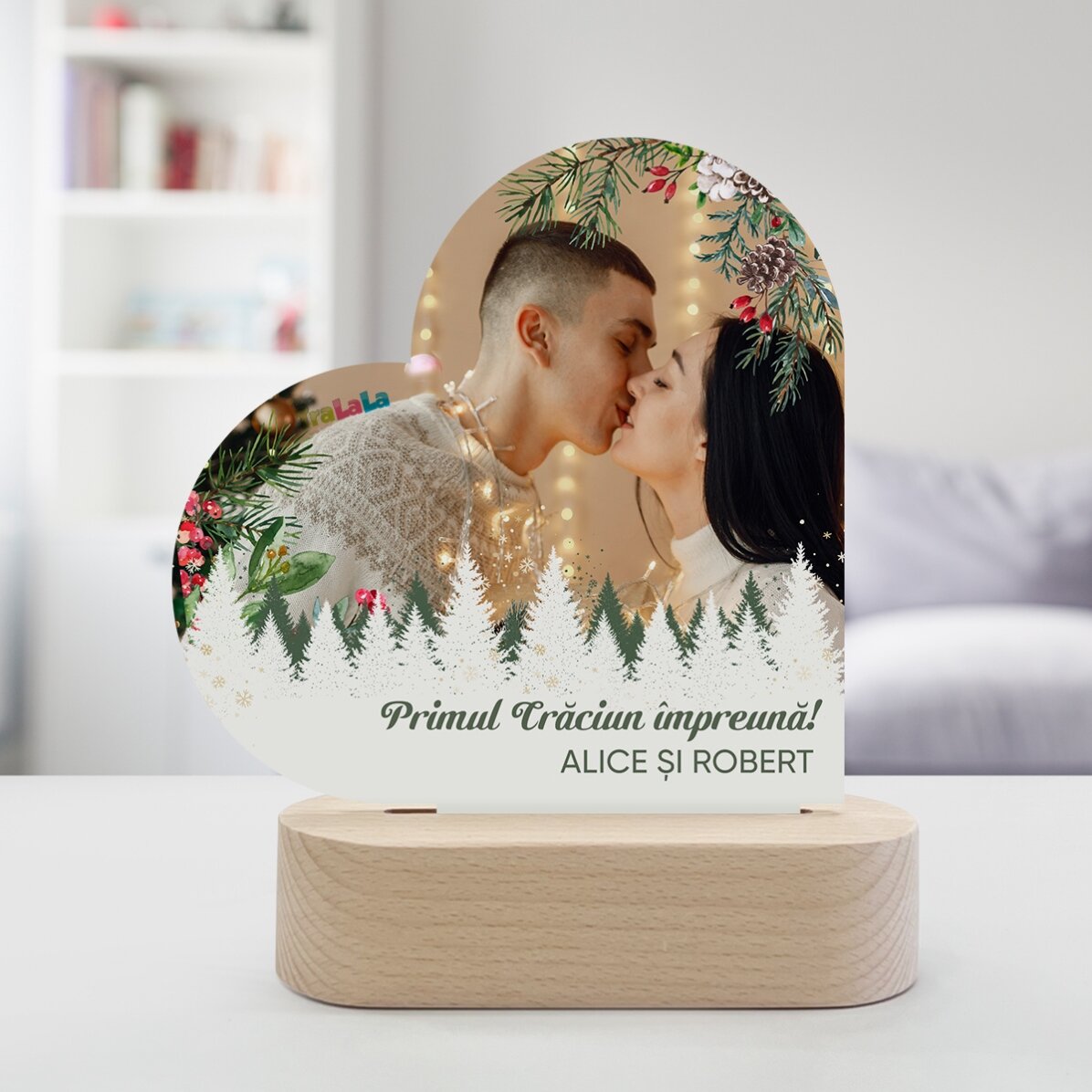 Lampă veghe LED inimă personalizată cu o poză și mesaj - Crăciun fericit