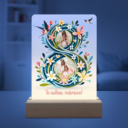 Lampă veghe LED personalizată cu 2 poze și text - 8 floral
