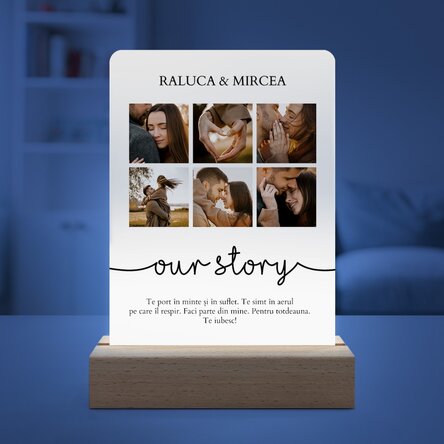 Lampă veghe LED personalizată cu 6 poze și mesaj - Our story